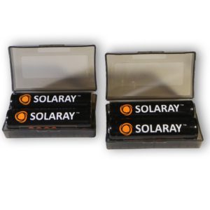 Close‑up of a row of 18650 lithium battery cells showing their cylindrical shape and branding