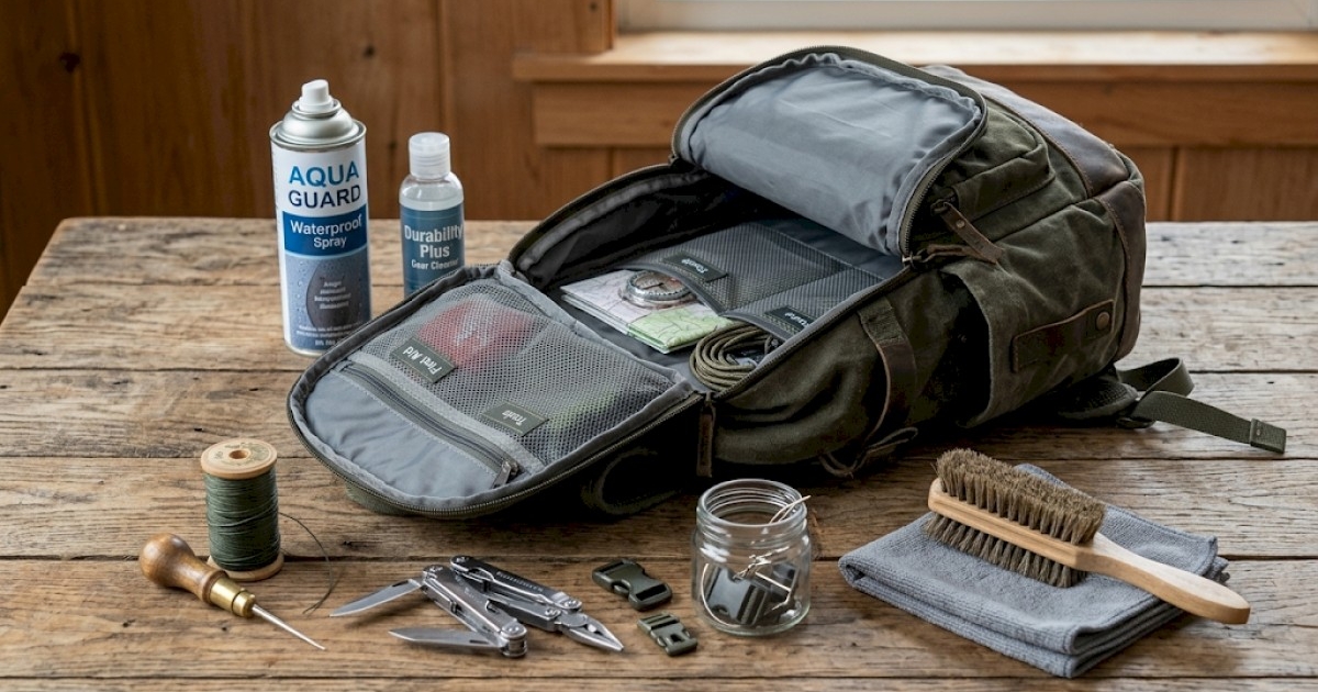 A sturdy backpack lying open on a wooden table with repair tools, cleaning brush, and waterproof spray nearby