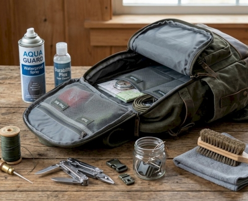 A sturdy backpack lying open on a wooden table with repair tools, cleaning brush, and waterproof spray nearby