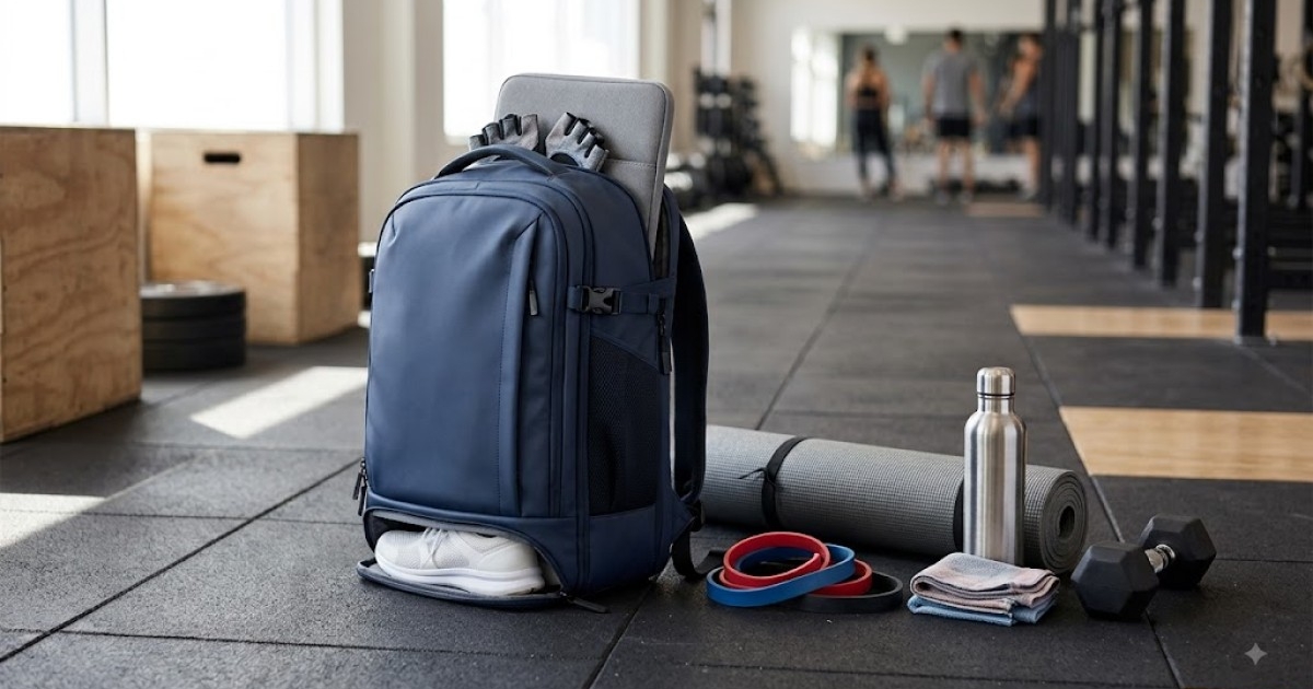 A stylish, water‑resistant gym backpack with mesh side vents, shoe compartment, and padded tech sleeve placed on a gym floor beside workout gear