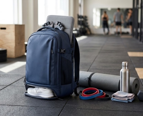 A stylish, water‑resistant gym backpack with mesh side vents, shoe compartment, and padded tech sleeve placed on a gym floor beside workout gear
