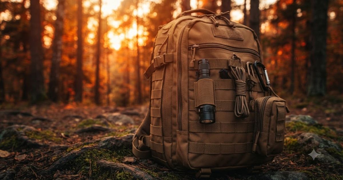 close-up view of a survival bag with an led flashlight attached to molle with a sunset background of forest