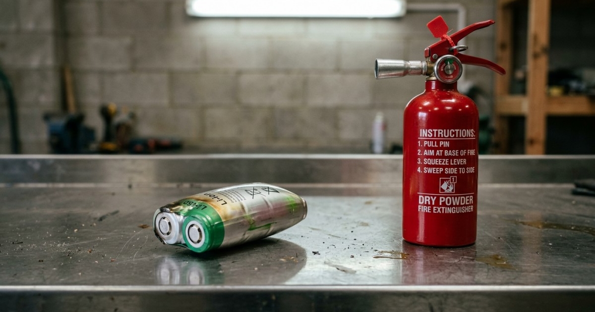 Close‑up of a swollen lithium battery next to a fire extinguisher, illustrating safety precautions