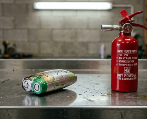 Close‑up of a swollen lithium battery next to a fire extinguisher, illustrating safety precautions