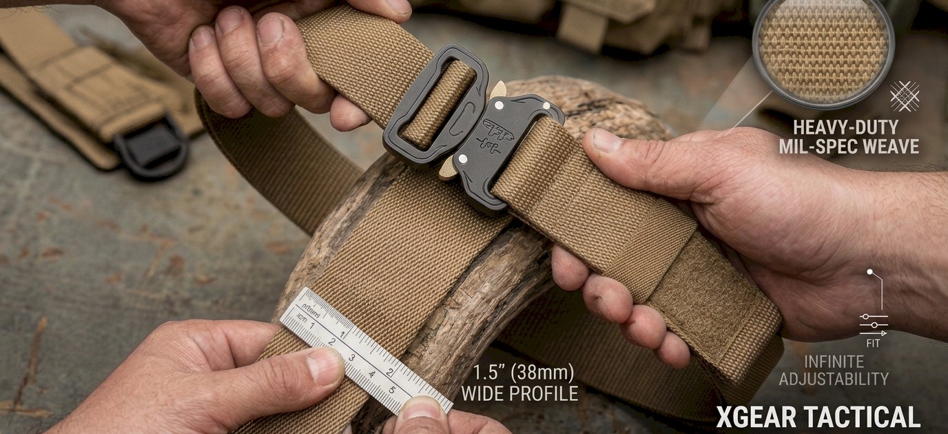 Outdoor setting with an adjustable military tactical belt showing various specifications