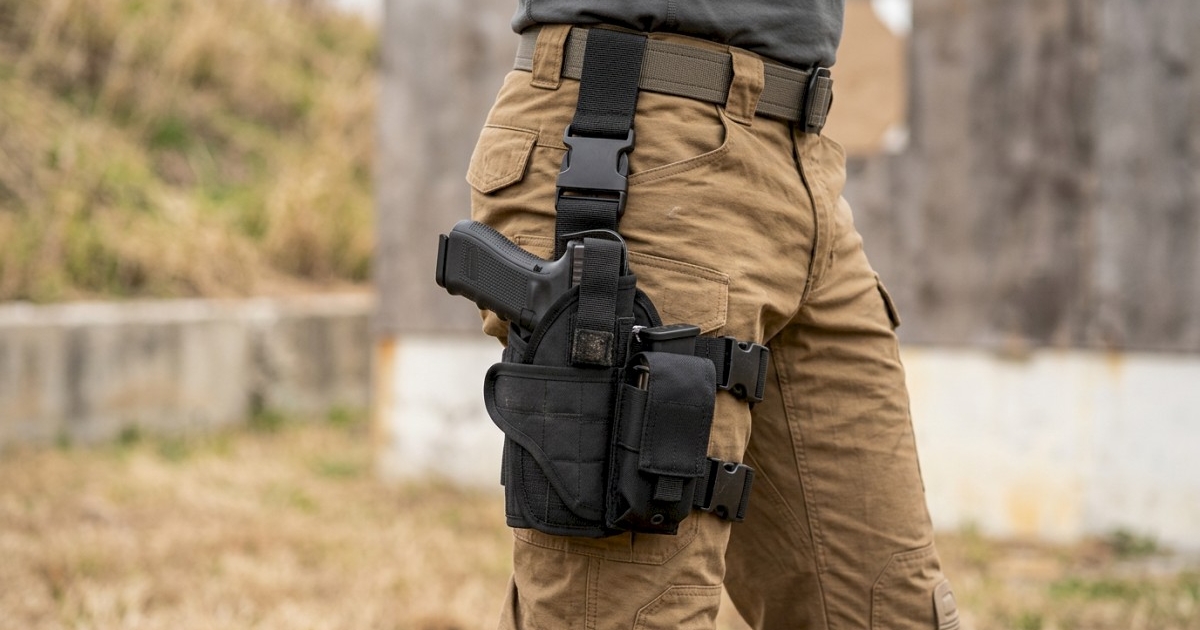 A tactical drop leg holster mounted on a thigh with a pistol visible, showing straps and modular pouches attached