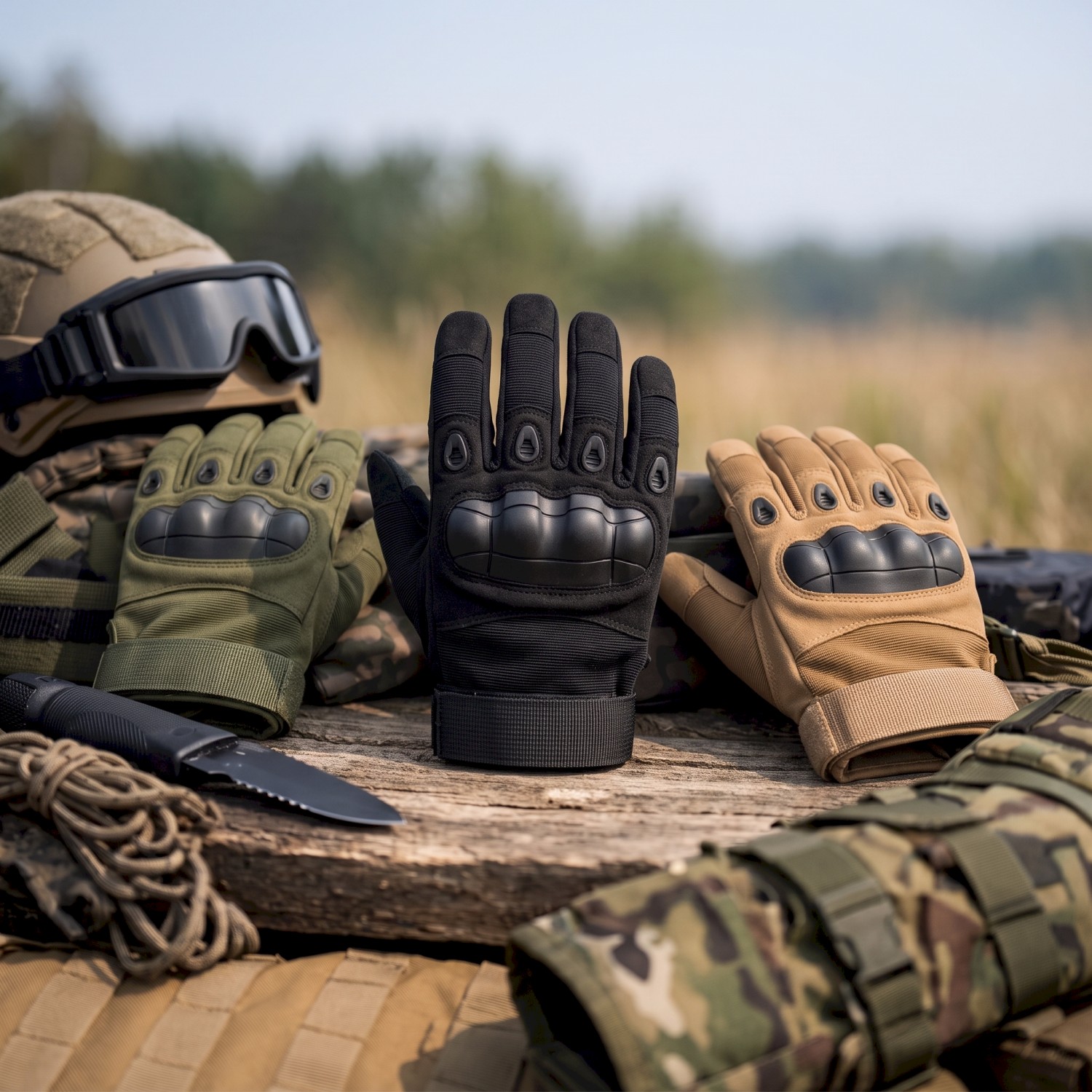 full finger hard knuckle tactical gloves on wood table with outdoor gear