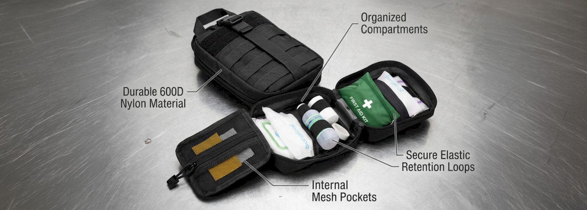 tactical medical bag on table open with first-aid supplies showing specifications