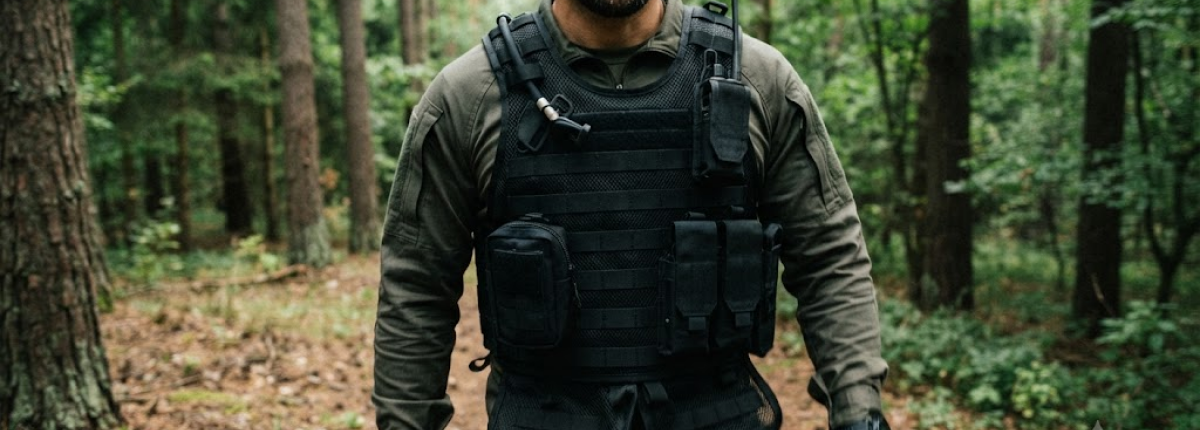 man walking in forest wearing a tactical vest with accessories attached