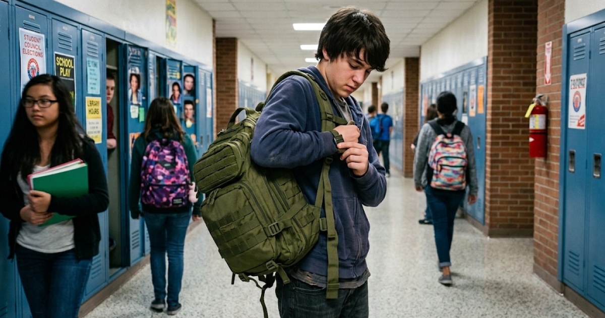 Teen adjusting MOLLE backpack straps in a school hallway