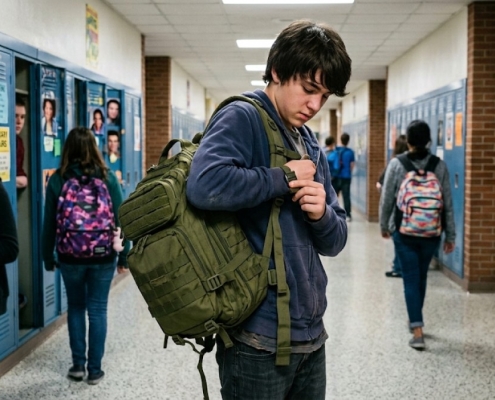 Teen adjusting MOLLE backpack straps in a school hallway