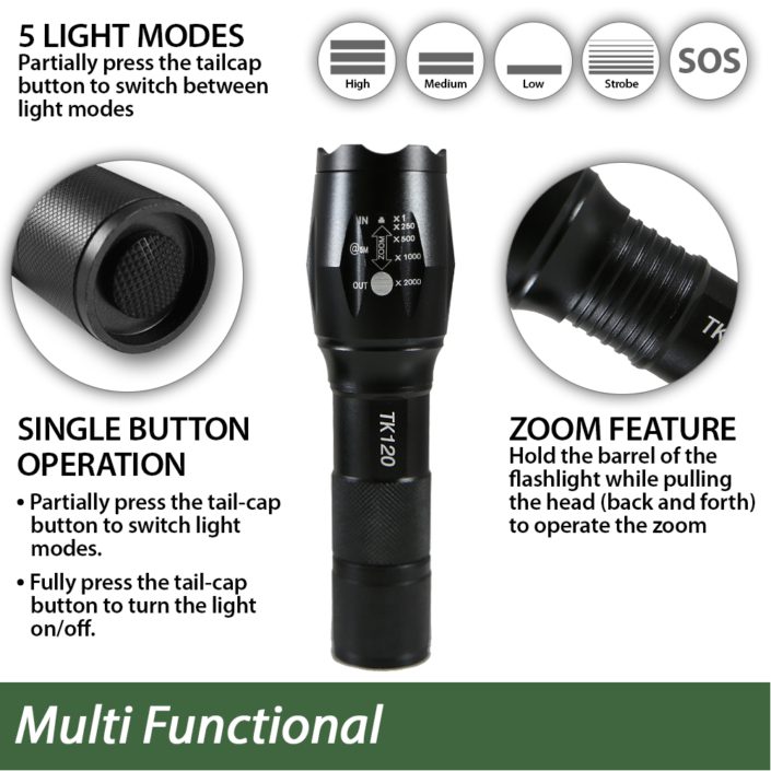 LED Tactical Flashlights with Strobe Light Feature for Self Defense TK120