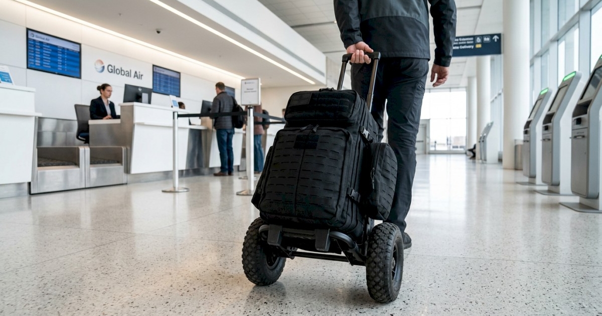 walking inside airport with carry-on molle backpack on wheels with airline checkout counter and people