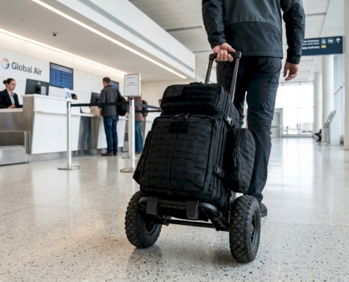 walking inside airport with carry-on molle backpack on wheels with airline checkout counter and people
