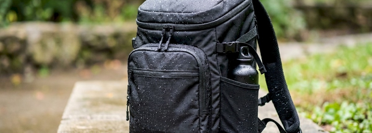waterproof gym backpack with small water drops outdoors