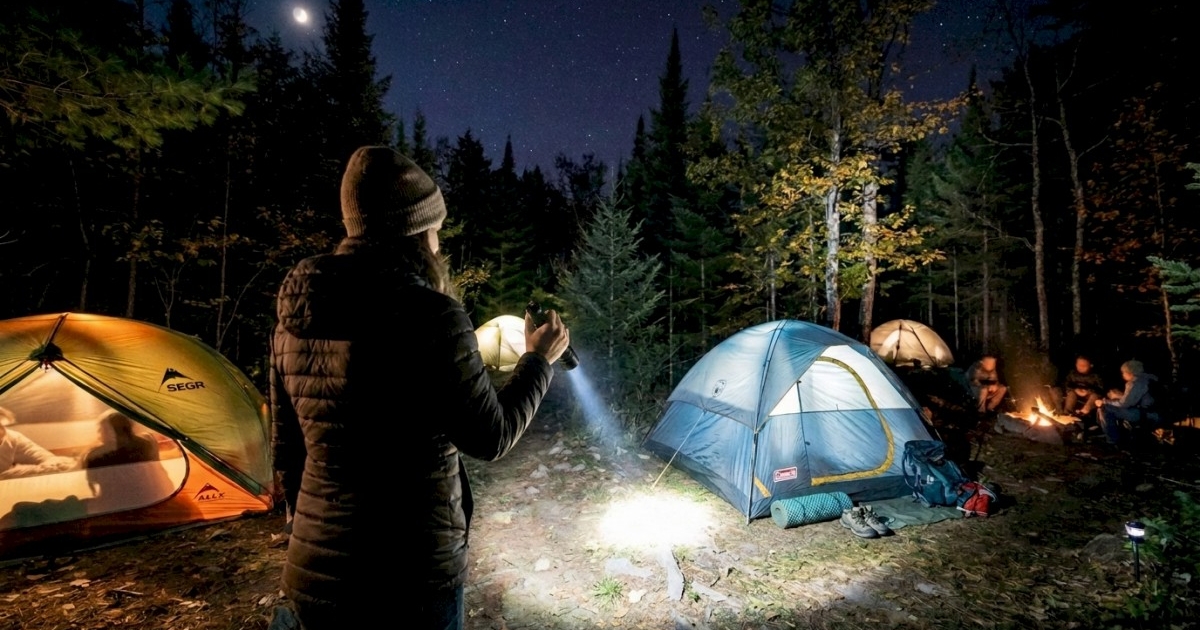 best flashlight for camping woman holding a flashlight at night in camping site with tents