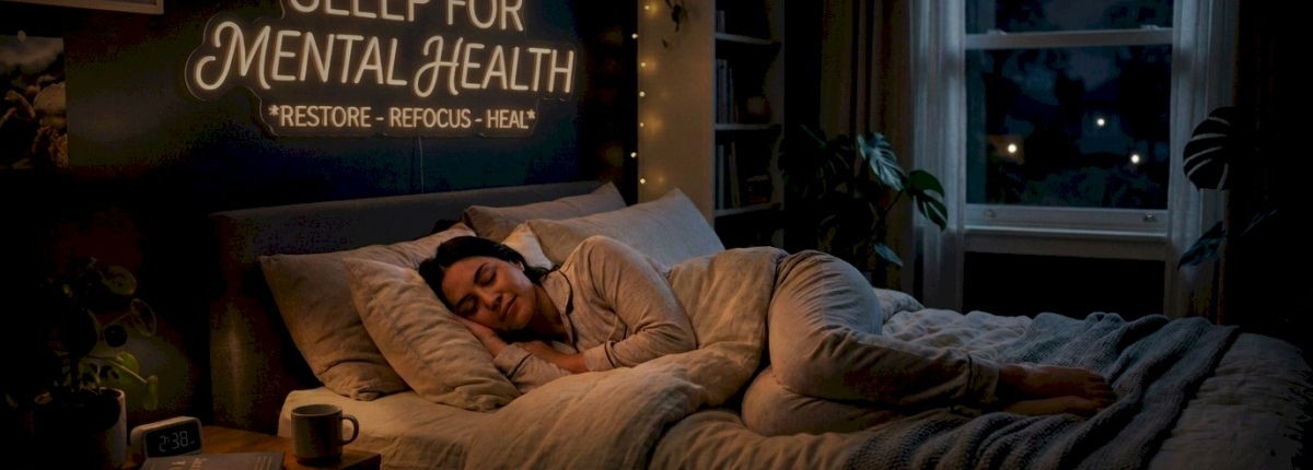 woman sleeping in bedroom with window showing moonlight for good mental health