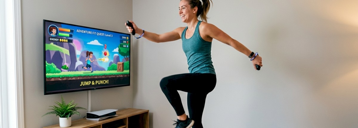 woman using video games and TV for active exercise in an family room